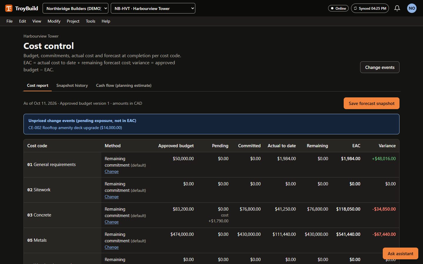 A cost report per cost code with approved budget, pending changes, committed cost, actual cost to date and remaining forecast.