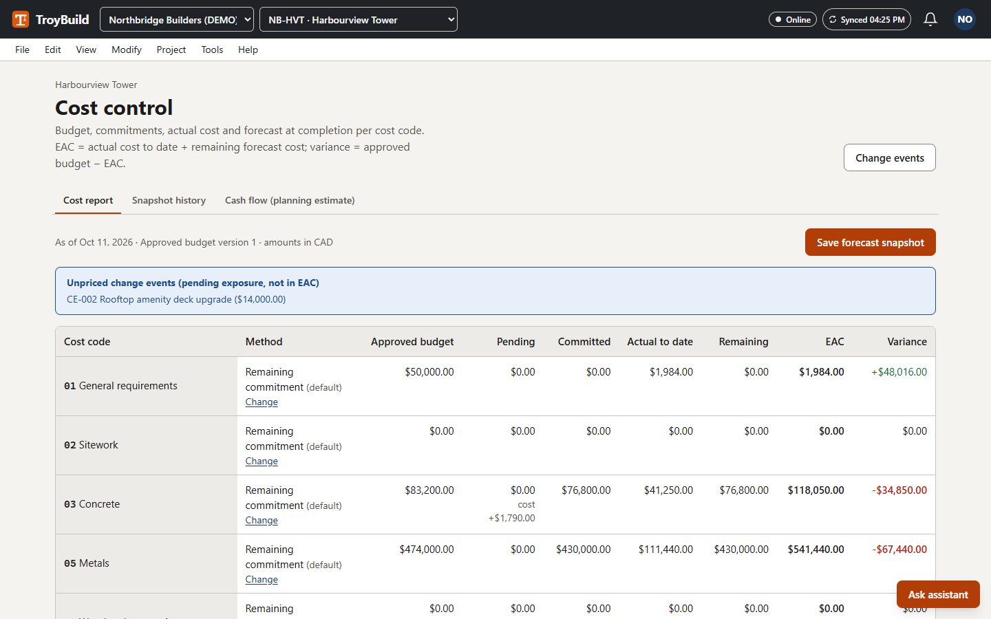 A cost report per cost code with approved budget, pending changes, committed cost, actual cost to date and remaining forecast.
