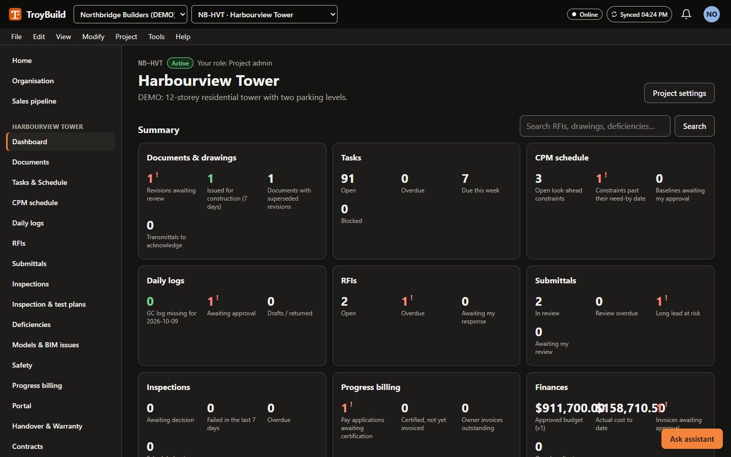 A project dashboard with summary cards for documents, tasks, the CPM schedule, daily logs, RFIs and submittals of a demo high-rise project.