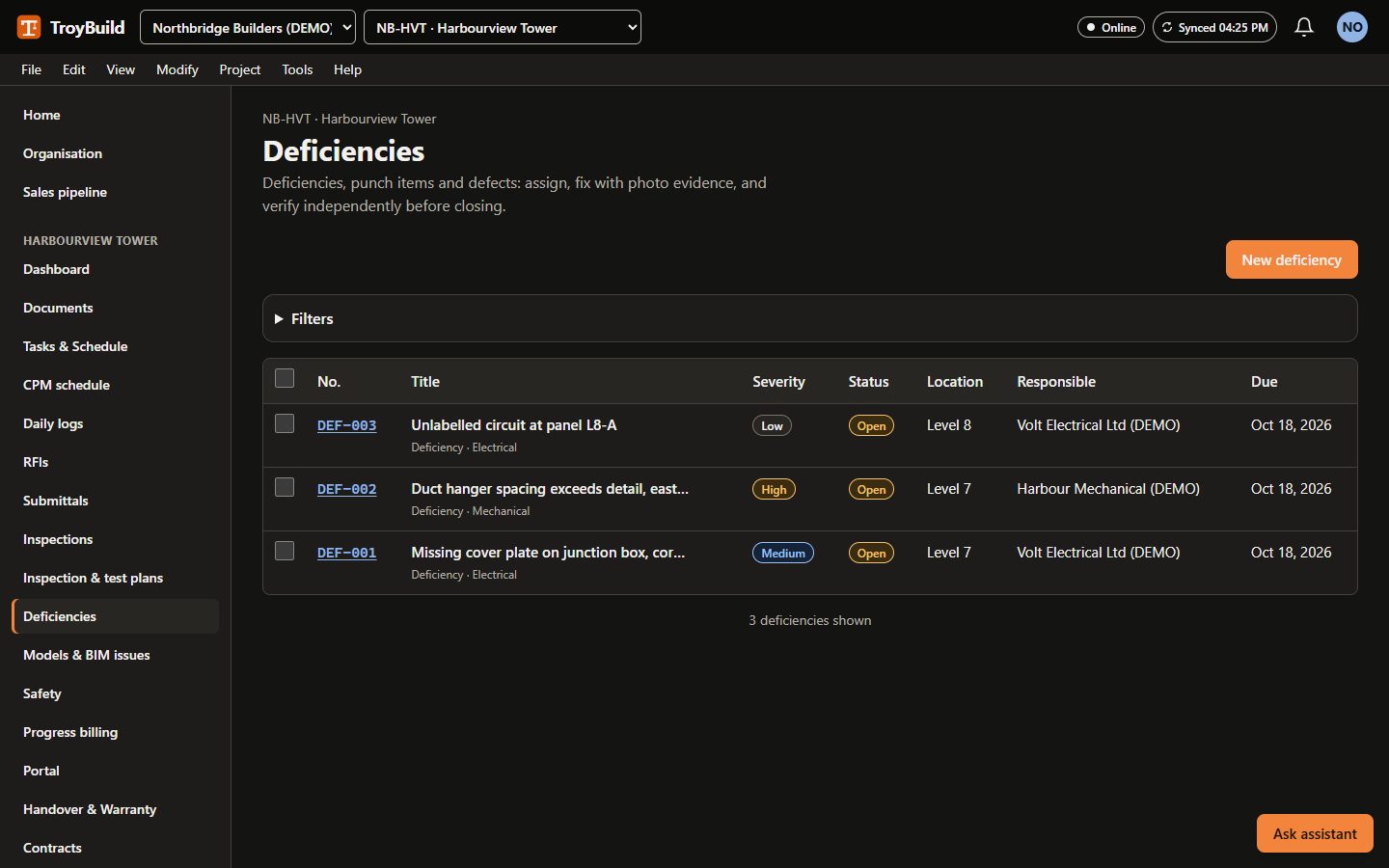 A deficiency register with severity, status, location, responsible company and due date.