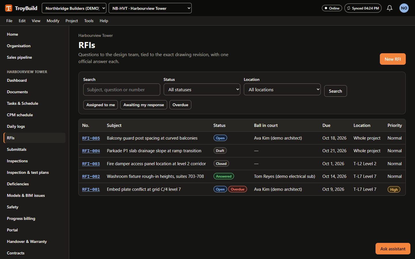 A register of requests for information with status, ball-in-court, due dates and impact columns.