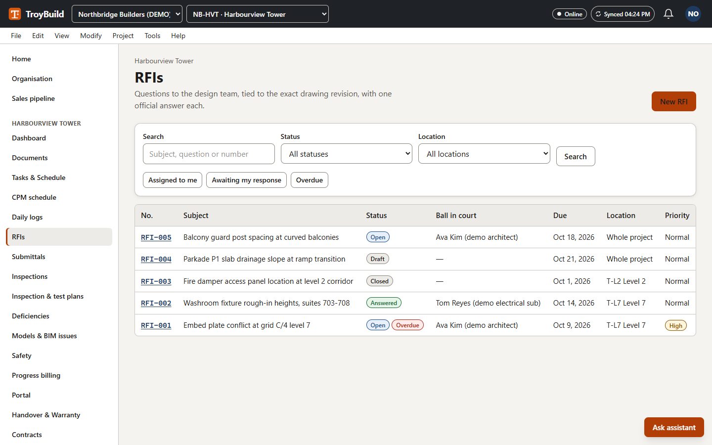 A register of requests for information with status, ball-in-court, due dates and impact columns.